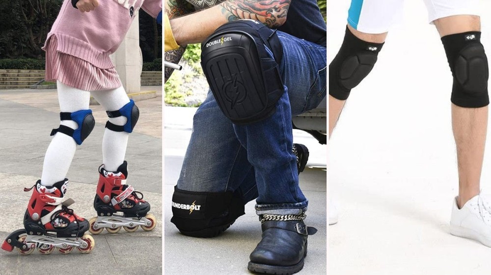 On the right, a young wearing blue knee pads while rollerblading. In the center, a man wearing protective pads knees down while working. On the right, a man walks while wearing black wrap-around knee pads.