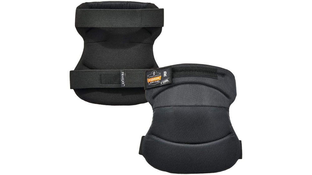 A pair of wide knee pads with adjustable straps.