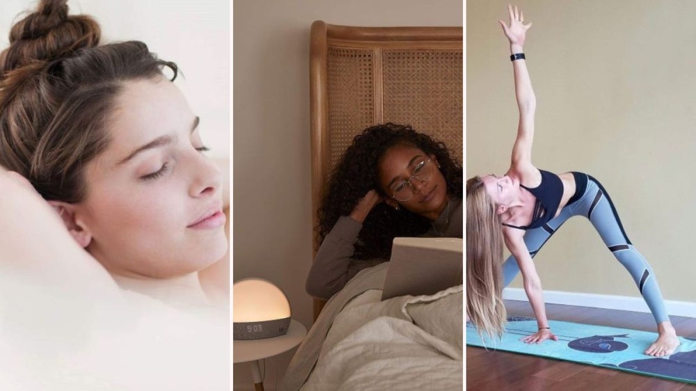 A woman relaxing in an epsom salt bath, a woman reading in a bed next to a Hatch Sunrise clock, and a woman doing yoga.